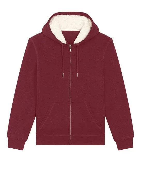 Sherpa-lined zip hooded sweatshirt in burgundy with full front zipper and cozy hood lining