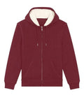 Sherpa-lined zip hooded sweatshirt in burgundy with full front zipper and cozy hood lining