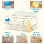 Transparent 2-tier hamster cage with blue water bottle, yellow running wheel, ladder, dish
