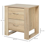 Wood bedside table with two drawers, curved metal handles, and four elevated legs