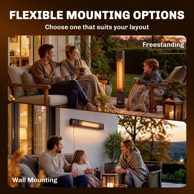 Black patio infrared heater with freestanding and wall-mount mounting illustrations
