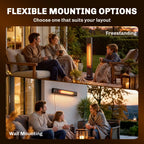 Black patio infrared heater with freestanding and wall-mount mounting illustrations