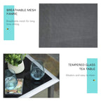 Breathable dark mesh lounger fabric and clear glass tea table top