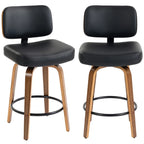 Set of 2 black padded bar stools, curved back, swivel base, round metal footrest