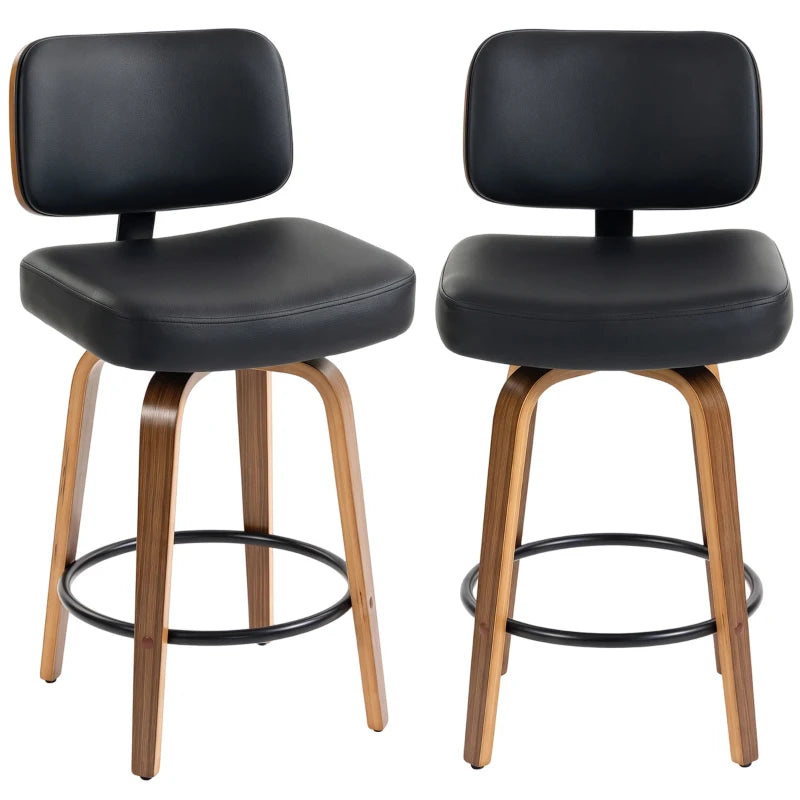 Set of 2 black padded bar stools, curved back, swivel base, round metal footrest