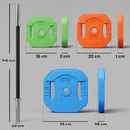 Adjustable barbell weight plates set with green, orange, and blue discs on bar