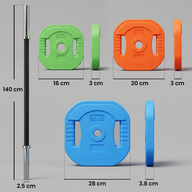 Adjustable barbell weight plates set with green, orange, and blue discs on bar