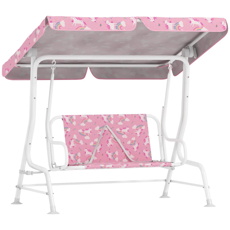Kids pink 2-seat porch swing bench with unicorn-pattern canopy and seat backrest