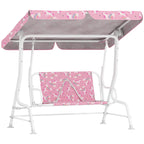 Kids pink 2-seat porch swing bench with unicorn-pattern canopy and seat backrest