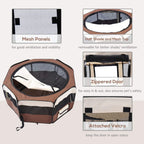 Portable pet playpen feature view: zipper door, mesh panels, and Velcro door hold.
