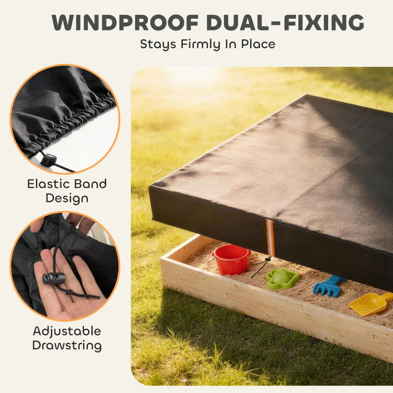 Black sandbox cover with elastic band edge and adjustable drawstring for a snug fit