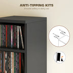 Black media shelf tower with anti-tipping hardware and open storage compartments