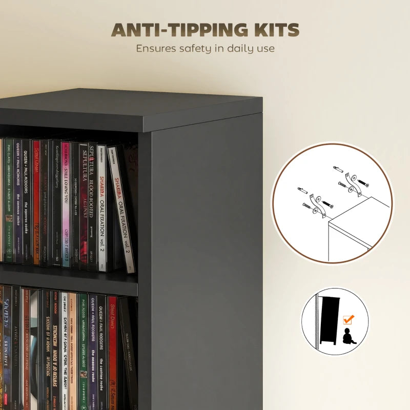 Black media shelf tower with anti-tipping hardware and open storage compartments