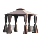 Brown hexagon patio gazebo canopy with two-tier roof and hanging curtains