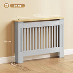 Grey radiator cover cabinet with vertical slat grill, light wood top and end handles