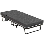 Folding single steel bed with dark grey fabric mattress and black frame, on caster wheels