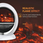 White electric fireplace heater front window showing realistic flame effect and indicator light