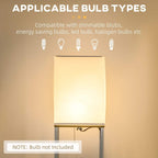 White fabric lampshade floor lamp with three shelves, pull-chain pull cord