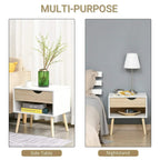 White multi-purpose side table with light wood drawer and open shelf; tapered wooden legs.