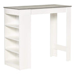 Grey bar table with white 4-tier shelving on the left side