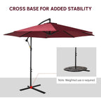Wine red cantilever umbrella with wide cross base for added stability