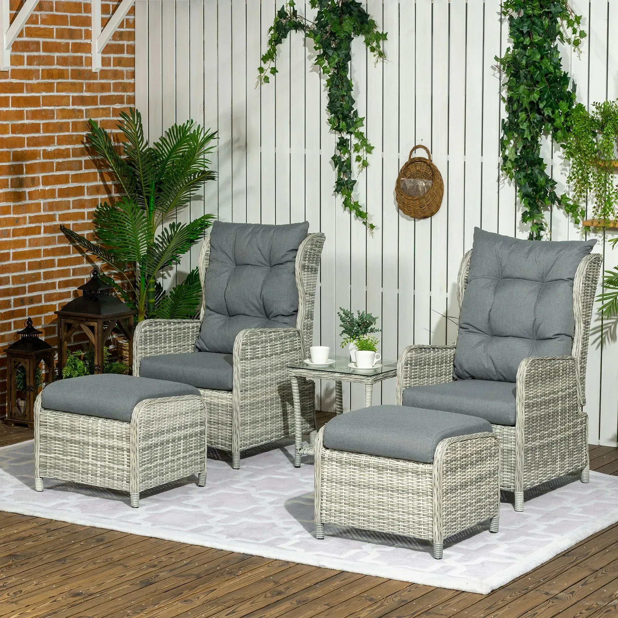 5 Pieces Rattan Bistro Set with Adjustable Back, Reclining Wicker Balcony Furniture with Cushions, Glass Top Coffee Table and Footstools, Outdoor Table and Chairs, Grey - Bobobiy