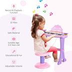 Kids using pink mini electronic keyboard on matching stool, with record/playback icons