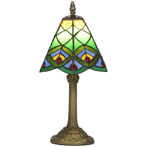 Tiffany-style table lamp with green stained-glass geometric shade and bronze base