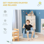 Blue toddler armchair with high back and armrests, wooden legs visible