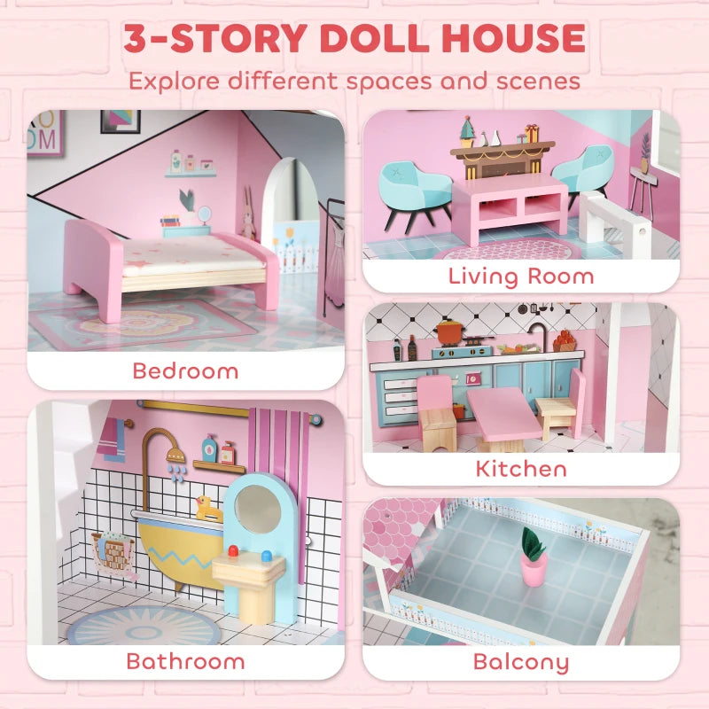 Pink wooden 3-storey dollhouse showing multiple room areas: bedroom, kitchen, living room