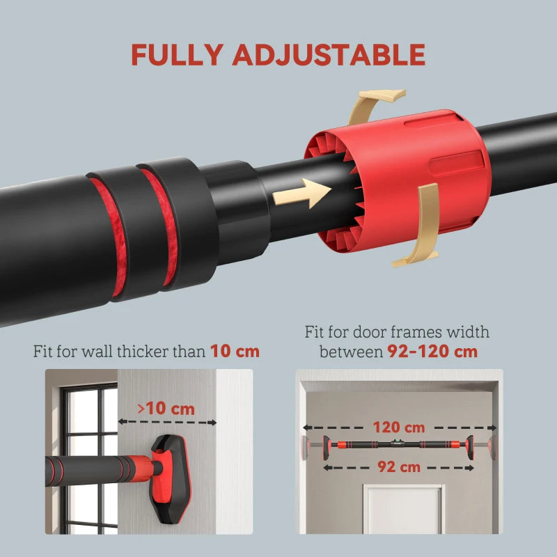 Adjustable door pull-up bar with red end caps for 92–120 cm door frames