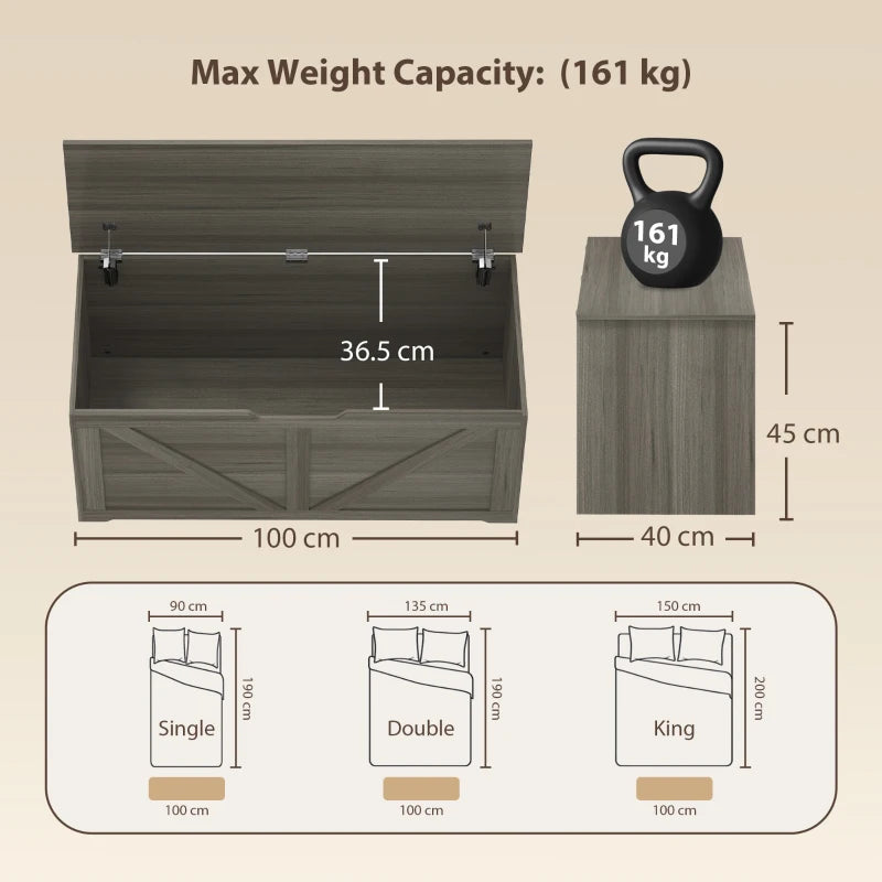 Dark grey wood-effect storage box with open lid and safety hinge size diagram