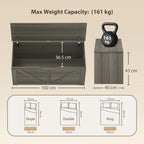 Dark grey wood-effect storage box with open lid and safety hinge size diagram