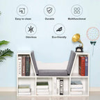 White cube storage shelf with gray cushioned seat and multiple storage compartments