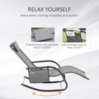Grey rocking sun lounger chair with padded backrest and side storage bag