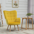 Yellow upholstered wingback armchair with tufted back, curved armrests, and wood legs