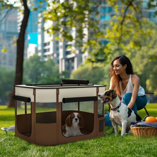 Brown portable dog playpen with mesh panels and door openings for indoor or outdoor use