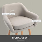 Beige upholstered bar stool with linen-touch fabric look, padded deep seat, and light wood legs