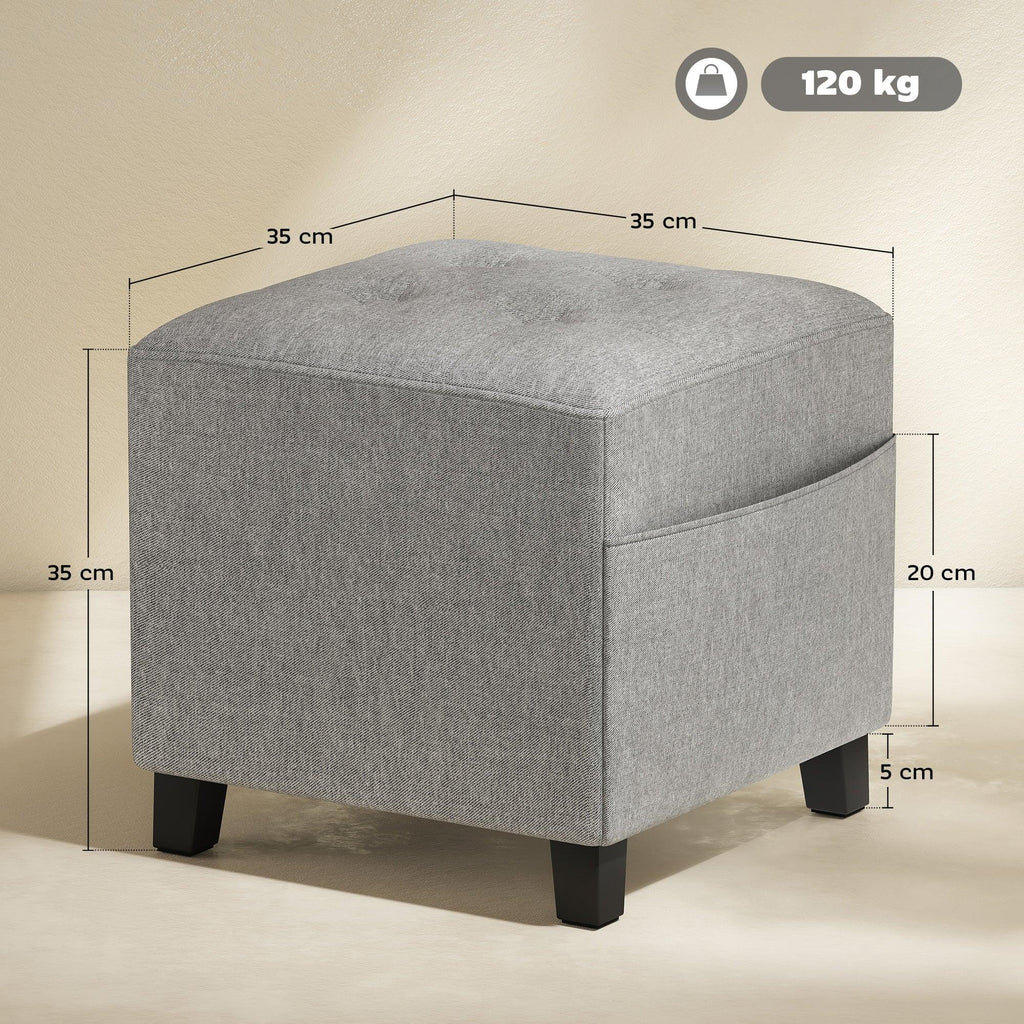 Square Footstool, Small Ottoman with Side Pocket, Linen Fabric Footrest Foot Stool with Rubber Wood Legs and Padded Seat for Living Room, Bedroom, Entryway, 35 x 35 x 35cm, Light Grey