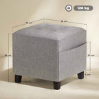Light grey square ottoman with padded seat and dark rubber wood legs