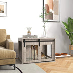 Dog crate furniture with removable cushion, front bar gate, and dark latch handles