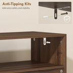 Rustic brown shoe cabinet corner with anti-tipping hardware and stable base support