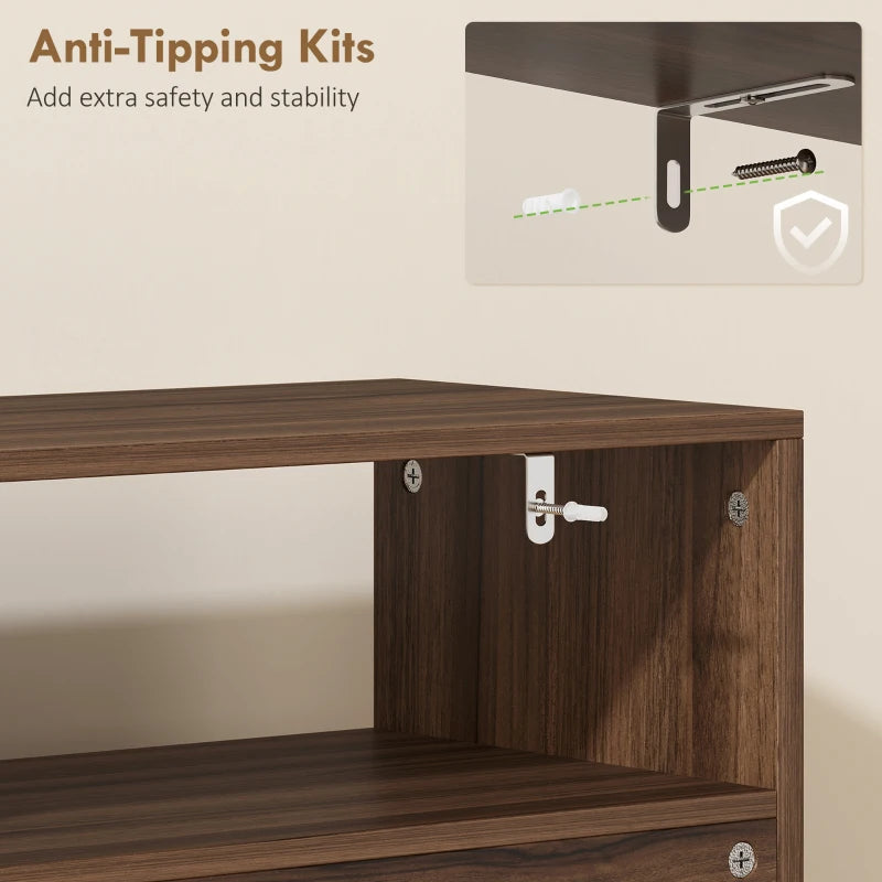 Rustic brown shoe cabinet corner with anti-tipping hardware and stable base support