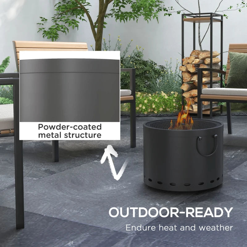 Powder-coated metal fire pit with spark screen and side handles