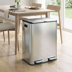 Stainless steel double kitchen pedal bin with dual compartments and closed lids, silver tone
