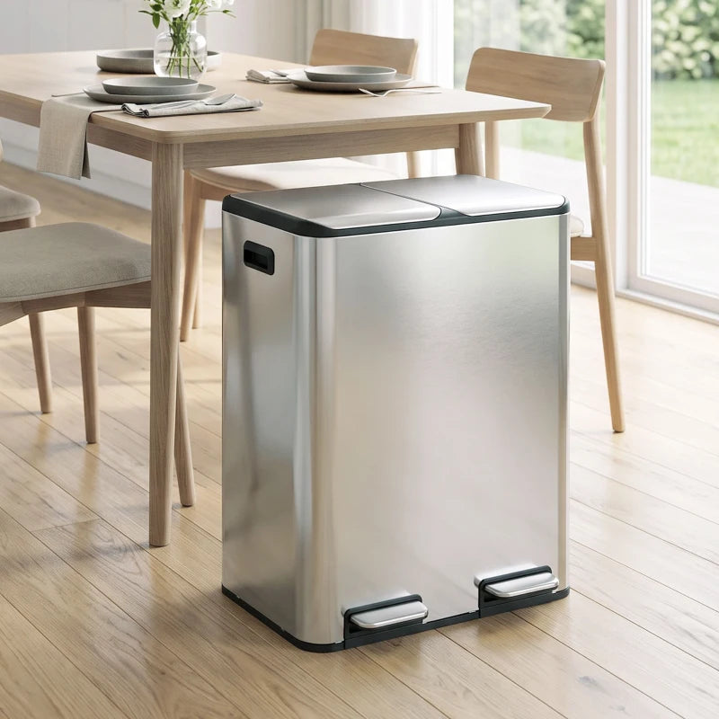 Stainless steel double kitchen pedal bin with dual compartments and closed lids, silver tone
