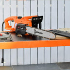 Orange electric chainsaw with 16 in bar and chain, front handguard and side motor housing