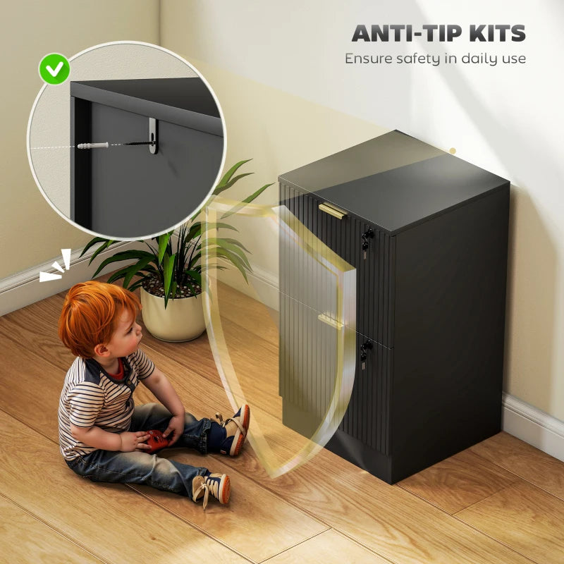 Black fluted filing cabinet with anti-tip kit bracket detail on rear side