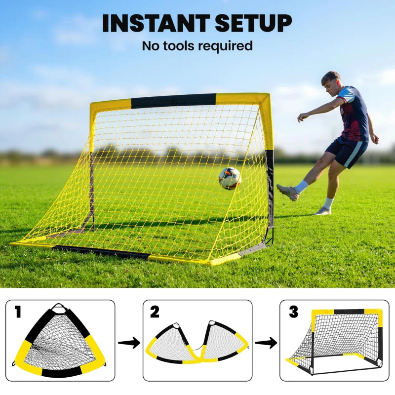 Yellow pop-up football goal with white netting, set up for soccer play