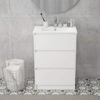 White floor-standing bathroom vanity with sink basin and two enclosed drawer spaces